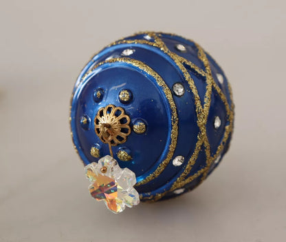 Dolce &amp; Gabbana Gold Brass Blue Christmas Ball Crystal Hook Jewelry Earrings