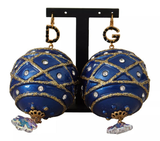 Boucles d'oreilles crochet Dolce &amp; Gabbana en laiton doré et cristal bleu boule de Noël