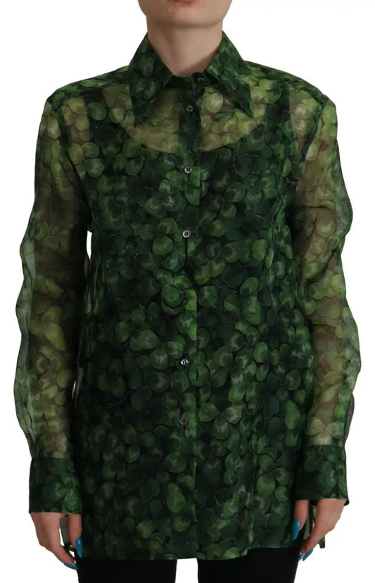 Dolce &amp; Gabbana Green Clover Print Long Sleeves Collared Top Blouse