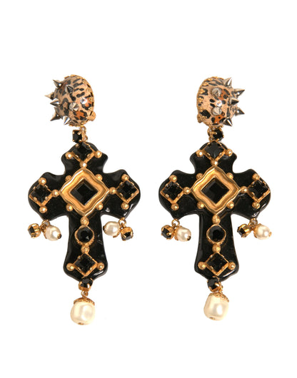 Boucles d'oreilles à clip Dolce &amp; Gabbana en or et cristal noir avec croix
