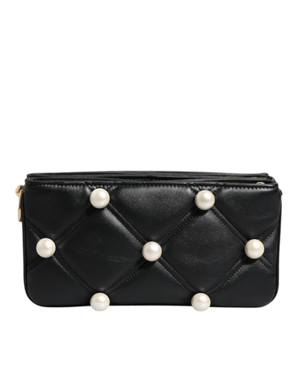 Bolso de hombro Dolce &amp; Gabbana de piel negra con logotipo adornado con perlas