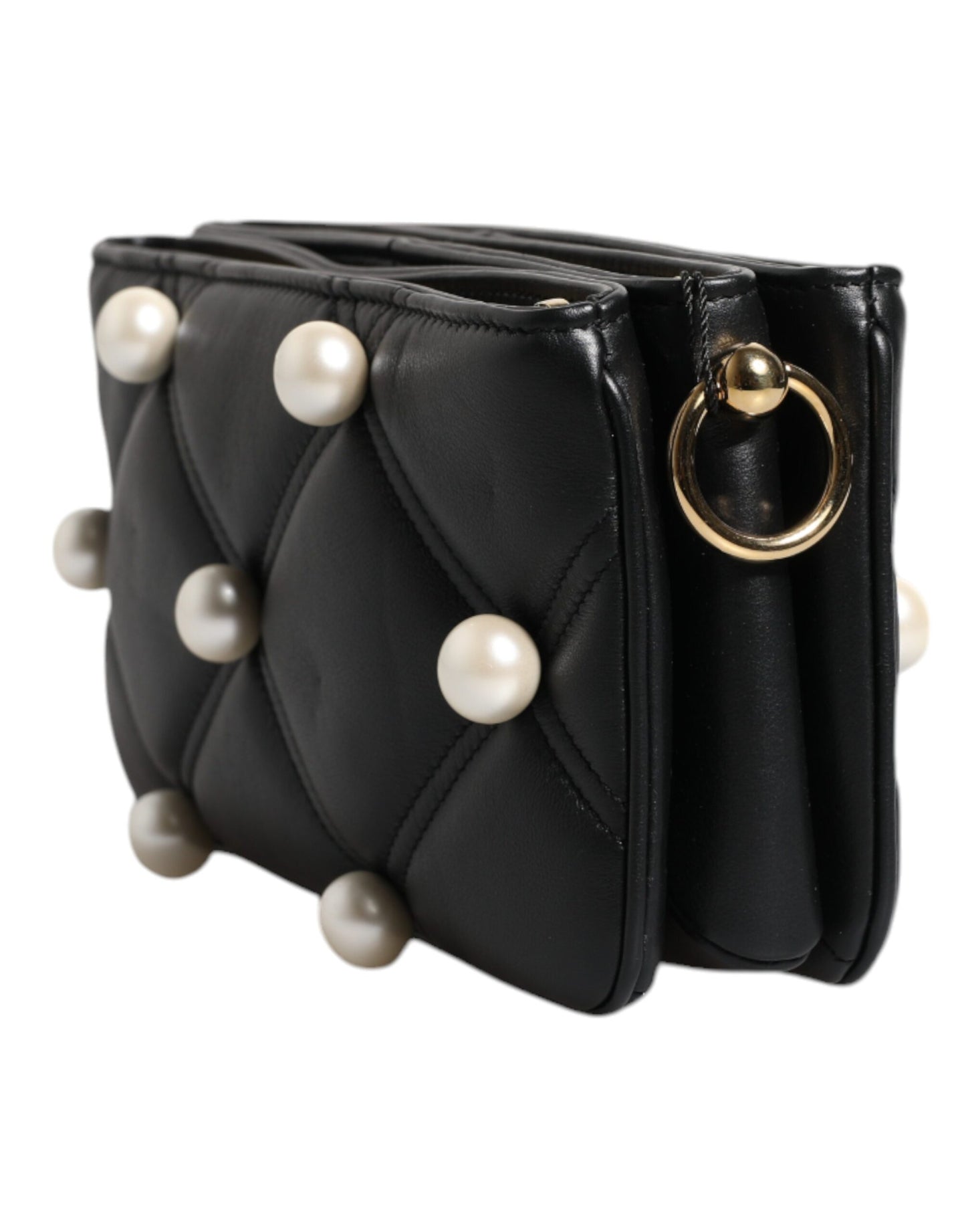 Bolso de hombro Dolce &amp; Gabbana de piel negra con logotipo adornado con perlas
