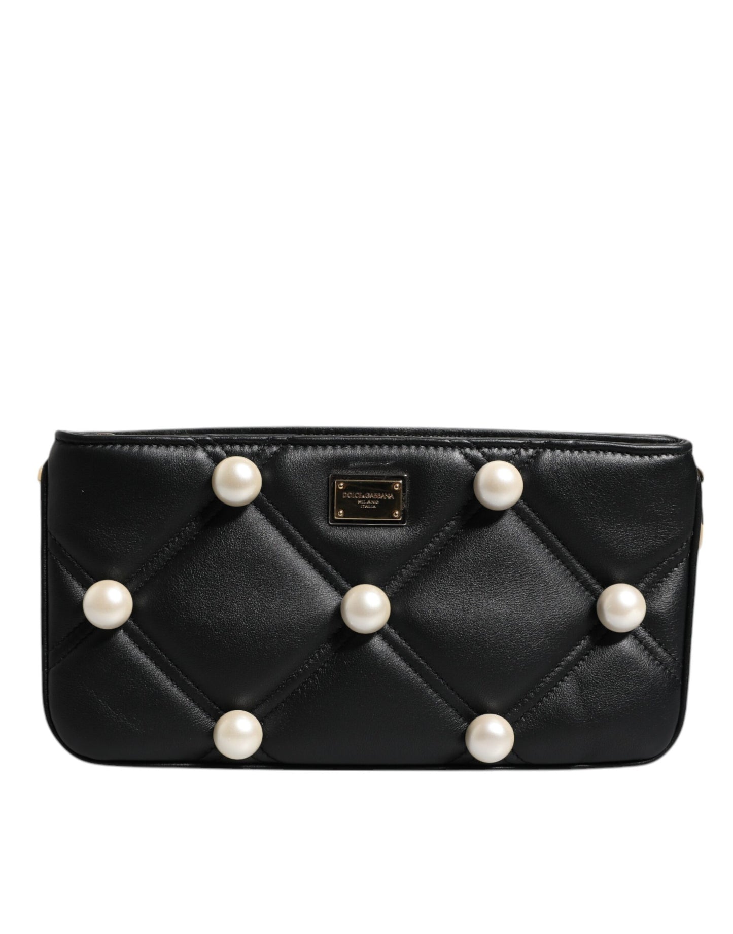 Bolso de hombro Dolce &amp; Gabbana de piel negra con logotipo adornado con perlas
