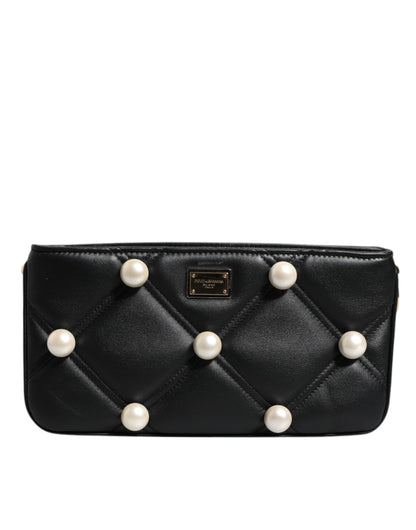 Bolso de hombro Dolce &amp; Gabbana de piel negra con logotipo adornado con perlas