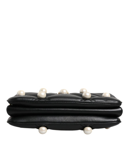 Bolso de hombro Dolce &amp; Gabbana de piel negra con logotipo adornado con perlas