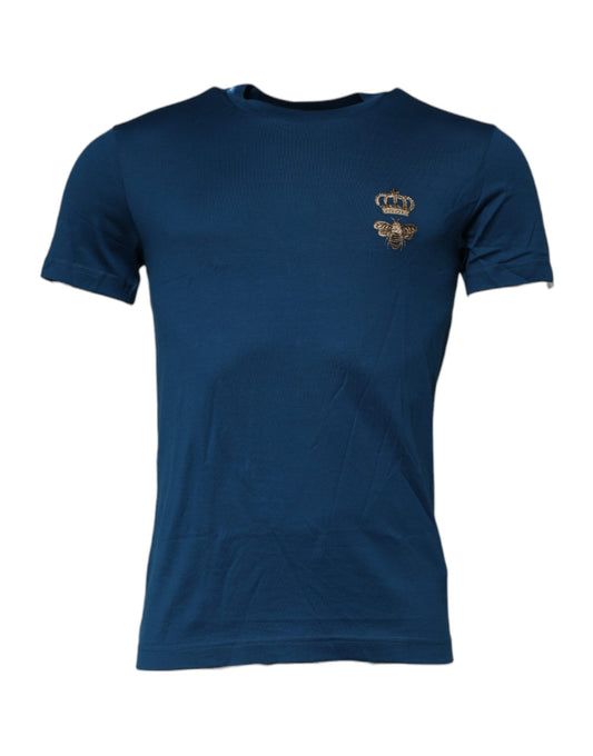Camiseta de algodón con cuello redondo y diseño de abeja y corona azul de Dolce &amp; Gabbana para hombre