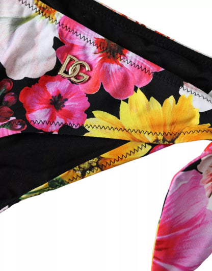 Dolce &amp; Gabbana Black Floral Print Swimsuit Bikini Bottom Swimwear