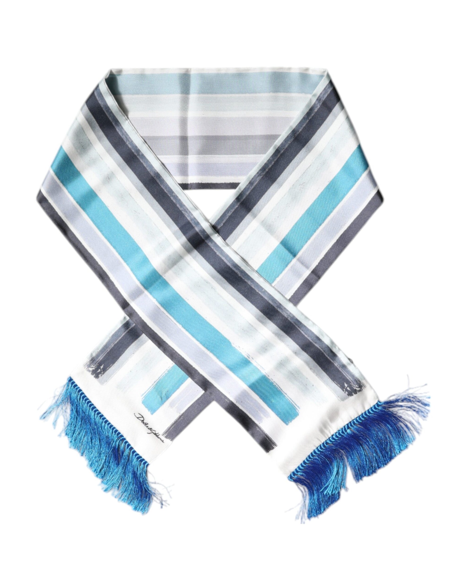 Dolce & Gabbana White Blue Stripes Silk Fringes Wrap Scarf – par Dolce & Gabbana | Disponible sur Sandy Store ByNet