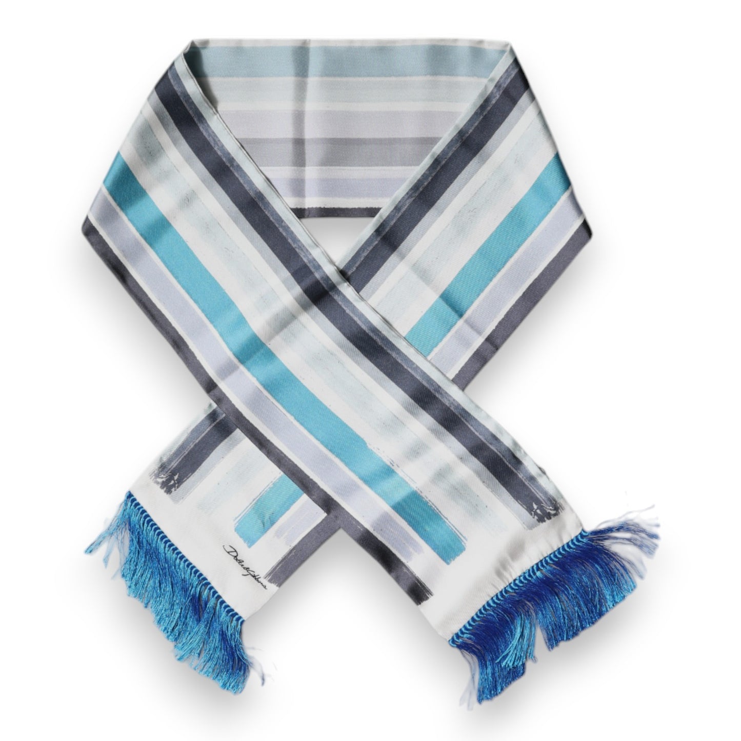 Dolce & Gabbana White Blue Stripes Silk Fringes Wrap Scarf – par Dolce & Gabbana | Disponible sur Sandy Store ByNet