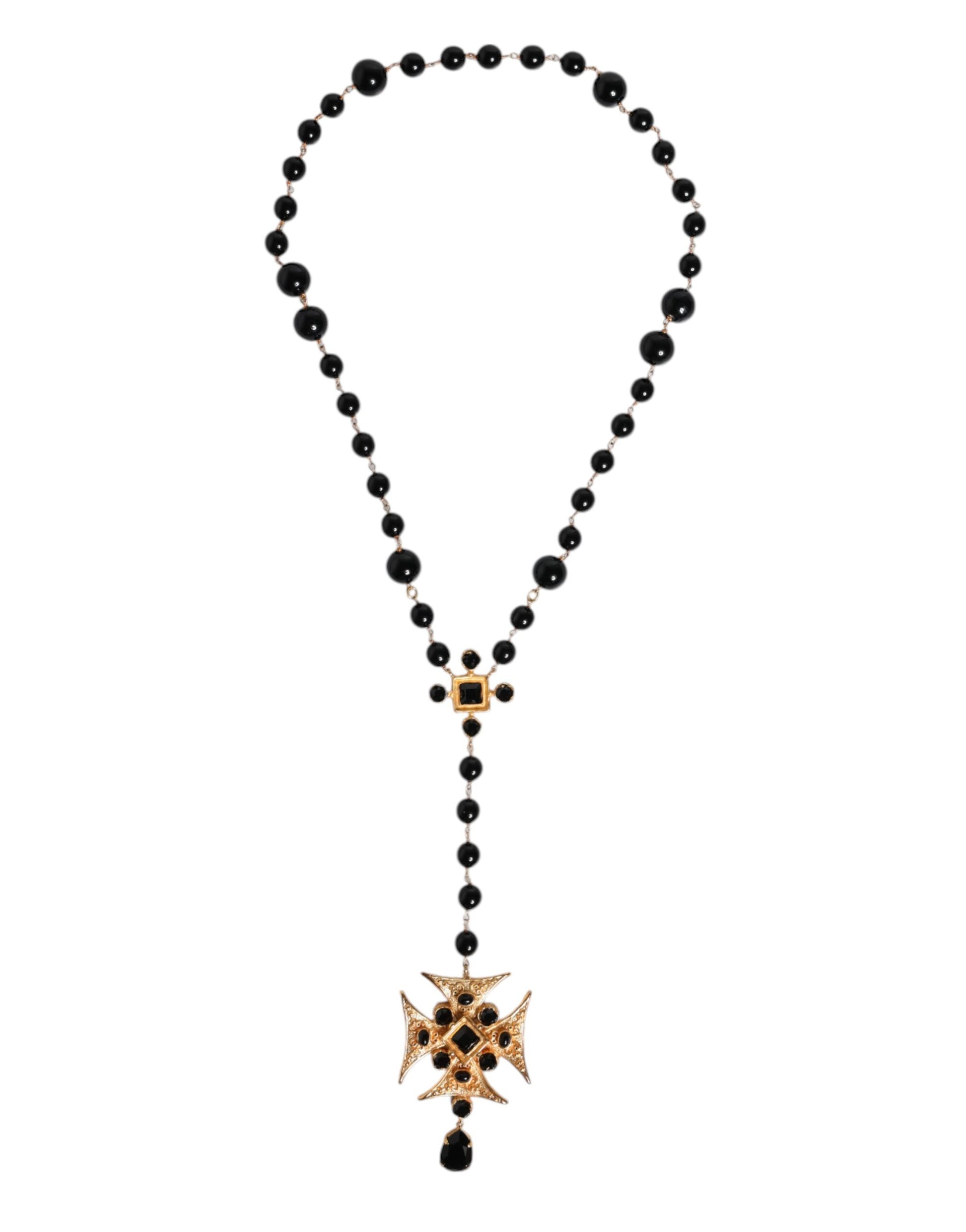 Dolce & Gabbana Gold Tone Brass Cross Black Beaded Chain Rosary Necklace – par Dolce & Gabbana | Disponible sur Sandy Store ByNet