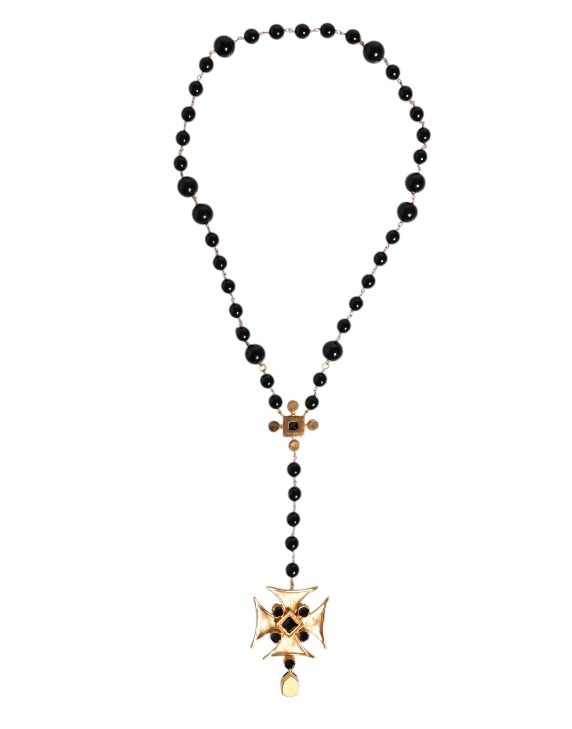 Dolce & Gabbana Gold Tone Brass Cross Black Beaded Chain Rosary Necklace – par Dolce & Gabbana | Disponible sur Sandy Store ByNet