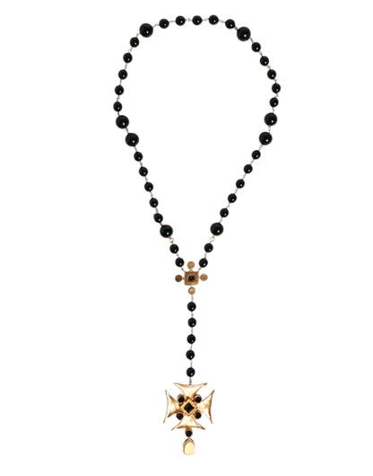 Dolce & Gabbana Gold Tone Brass Cross Black Beaded Chain Rosary Necklace – par Dolce & Gabbana | Disponible sur Sandy Store ByNet