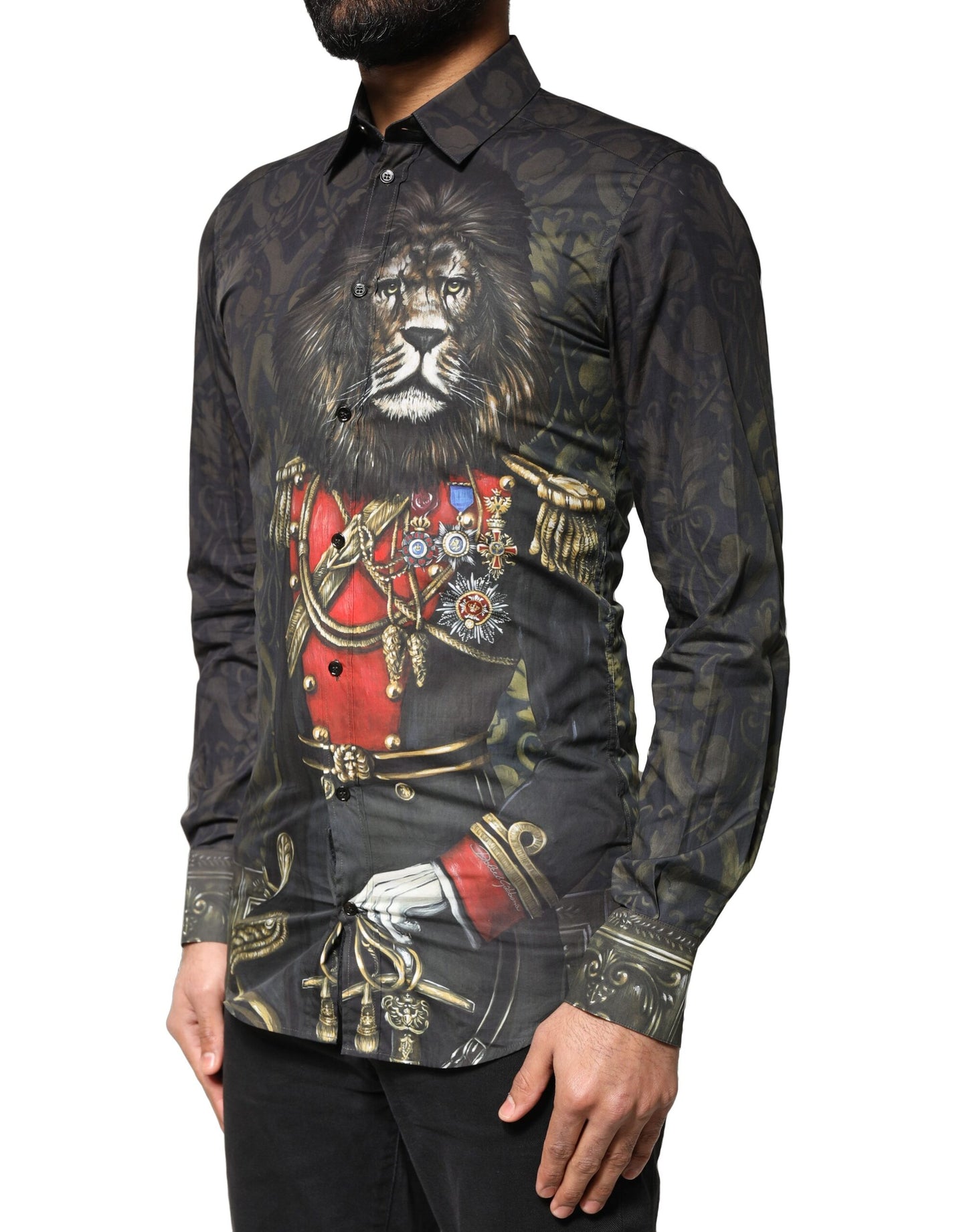 Camisa de vestir Dolce &amp; Gabbana con retrato de mascota real negra dorada