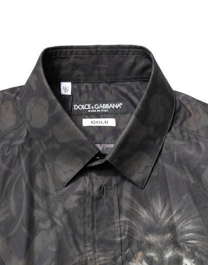 Camisa de vestir Dolce &amp; Gabbana con retrato de mascota real negra dorada