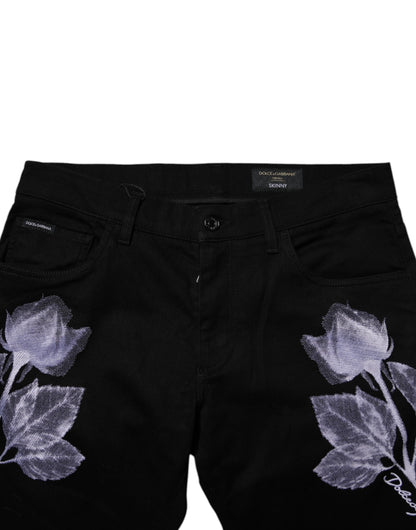 Vaqueros ajustados de algodón con estampado floral negro de Dolce &amp; Gabbana para hombre