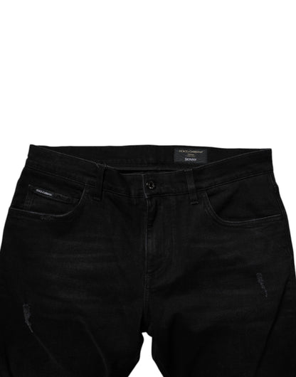 Vaqueros ajustados de algodón negro deshilachados de Dolce &amp; Gabbana para hombre