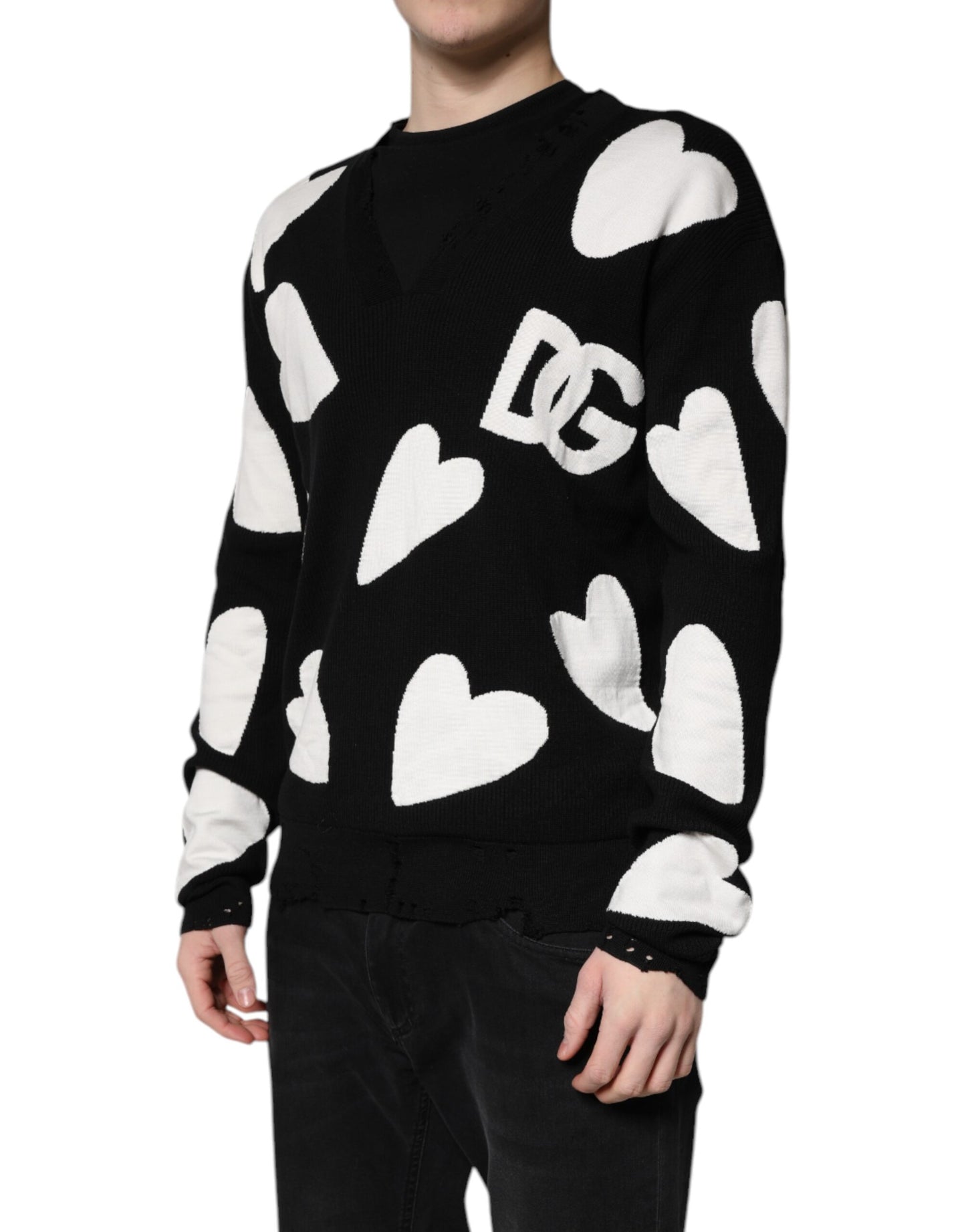 Suéter de cuello redondo de seda con corazones negros de Dolce &amp; Gabbana