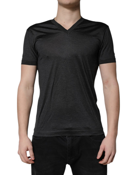Camiseta de manga corta con cuello en V de seda gris oscuro de Dolce &amp; Gabbana