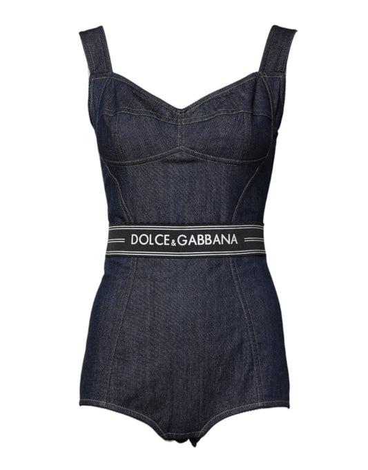 Dolce &amp; Gabbana Blue Cotton Stretch Sleeveless Bodycon Denim Bodysuit