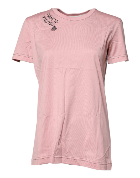 Dolce &amp; Gabbana Pink Logo Print Cotton Crew Neck T-shirt