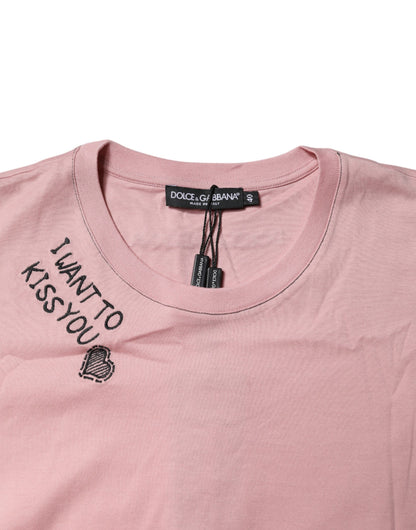 Dolce &amp; Gabbana Pink Logo Print Cotton Crew Neck T-shirt