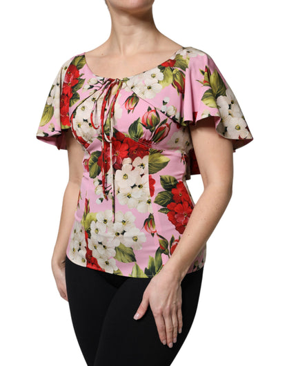 Dolce &amp; Gabbana Pink Floral Silk Short Sleeves Blouse Top