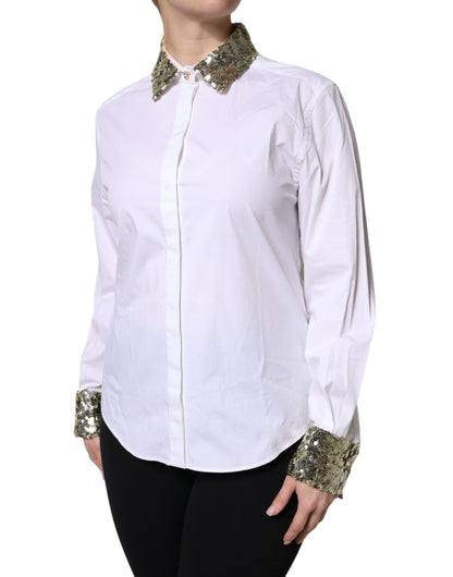 Dolce &amp; Gabbana White Cotton Long Sleeves Sequin Shirt Top