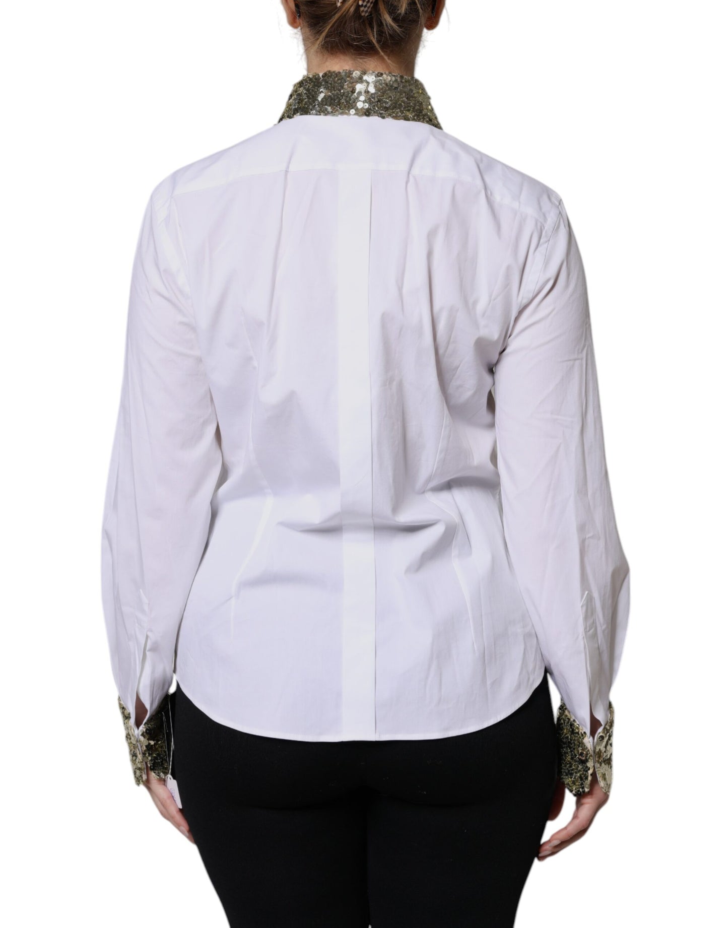 Dolce &amp; Gabbana White Cotton Long Sleeves Sequin Shirt Top