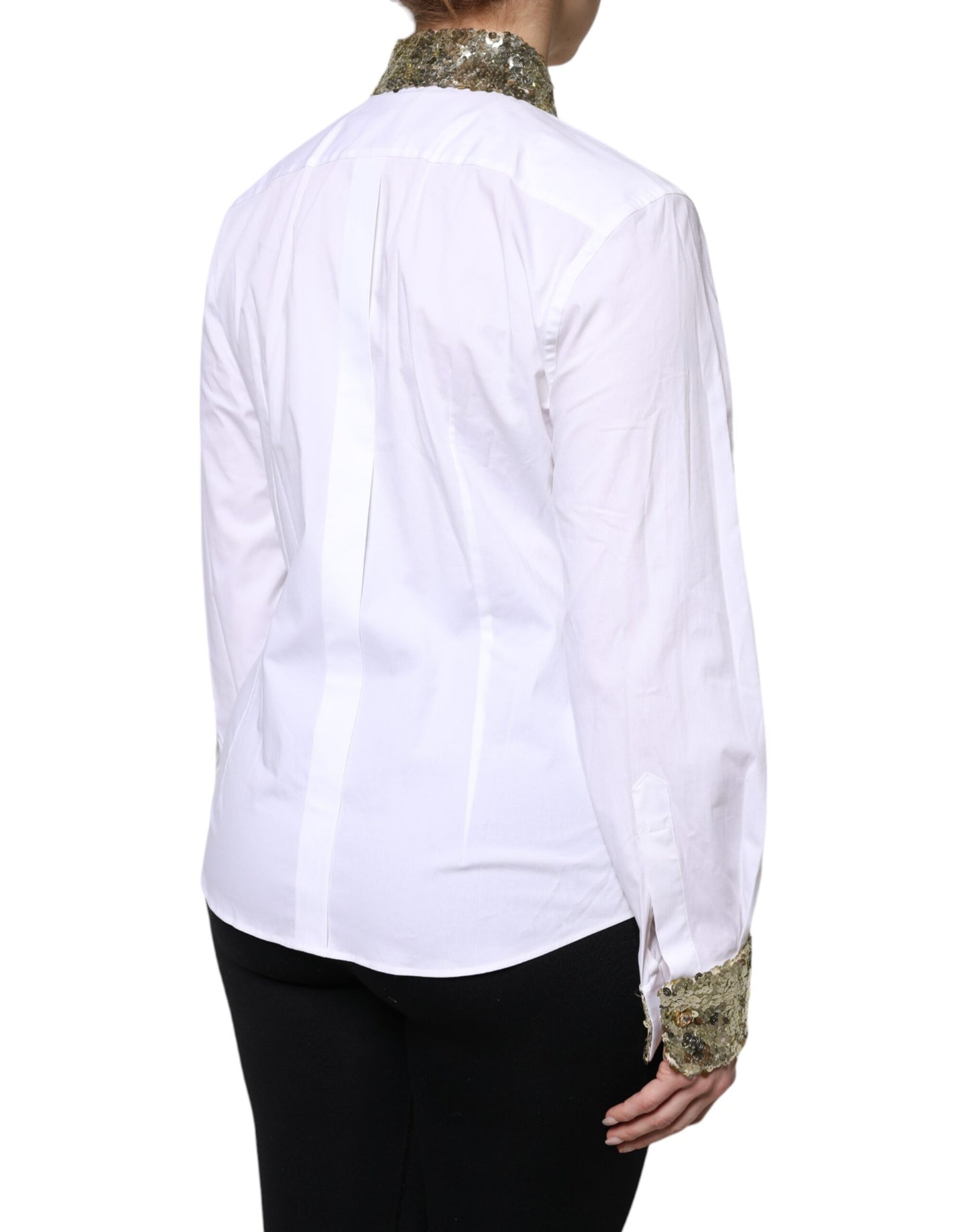 Dolce &amp; Gabbana White Cotton Long Sleeves Sequin Shirt Top