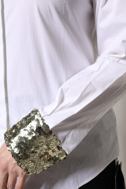 Dolce &amp; Gabbana White Cotton Long Sleeves Sequin Shirt Top
