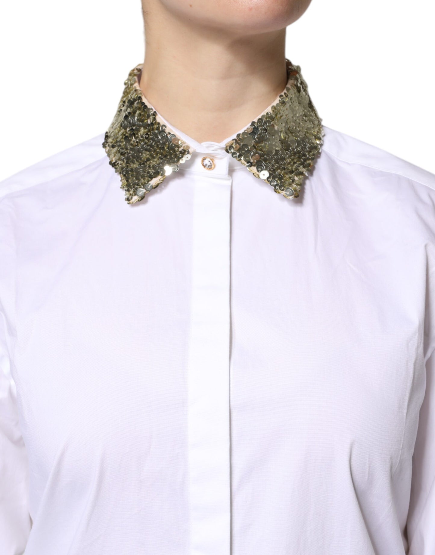 Dolce &amp; Gabbana White Cotton Long Sleeves Sequin Shirt Top