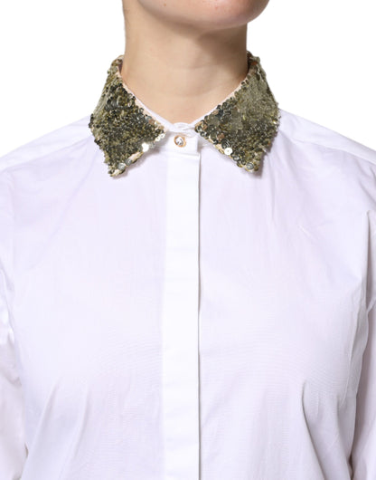 Dolce &amp; Gabbana White Cotton Long Sleeves Sequin Shirt Top