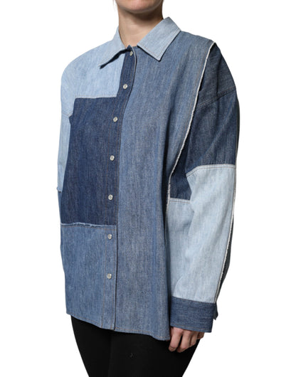 Dolce &amp; Gabbana Blue Cotton Button Up Collared Long Sleeve Top