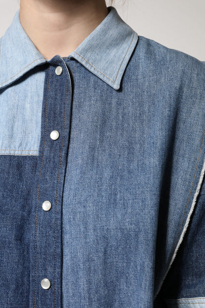 Dolce &amp; Gabbana Blue Cotton Button Up Collared Long Sleeve Top