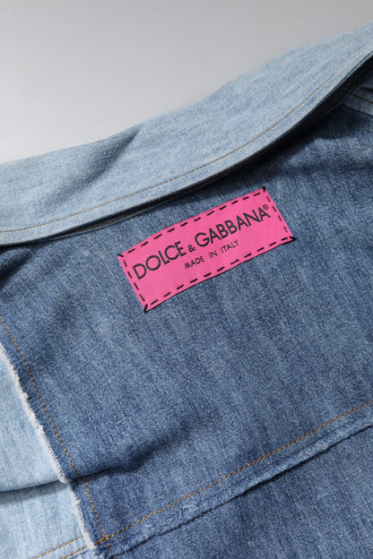 Dolce &amp; Gabbana Blue Cotton Button Up Collared Long Sleeve Top