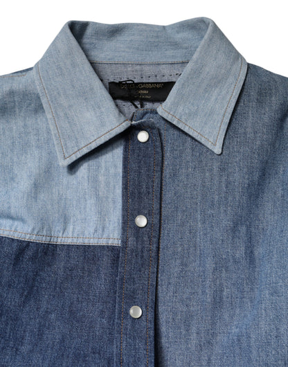 Dolce &amp; Gabbana Blue Cotton Button Up Collared Long Sleeve Top