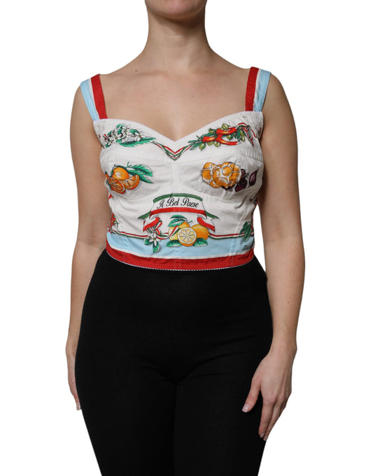 Dolce &amp; Gabbana White Vegetable Print Sweetheart Cropped Top