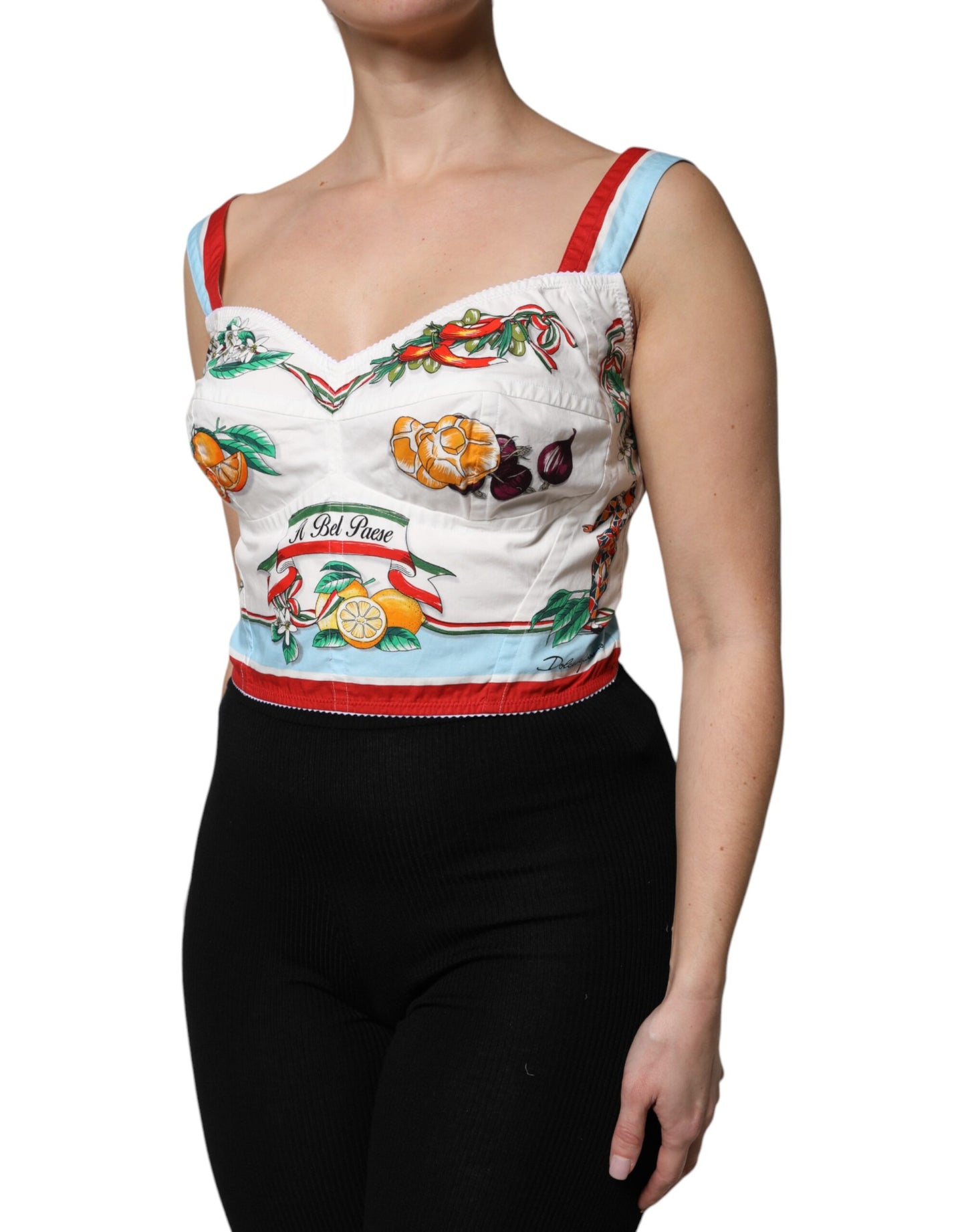 Top corto con escote en forma de corazón y estampado vegetal blanco de Dolce &amp; Gabbana