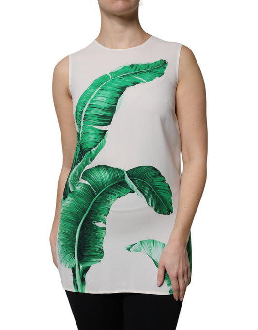 Dolce &amp; Gabbana White Banana Leaf Print Round Neck Tank Top