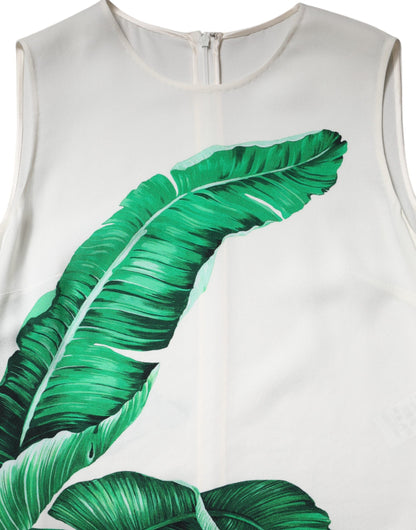 Dolce &amp; Gabbana White Banana Leaf Print Round Neck Tank Top