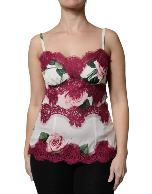 Dolce &amp; Gabbana White Rose Print Satin Lace Tank Top Lingerie