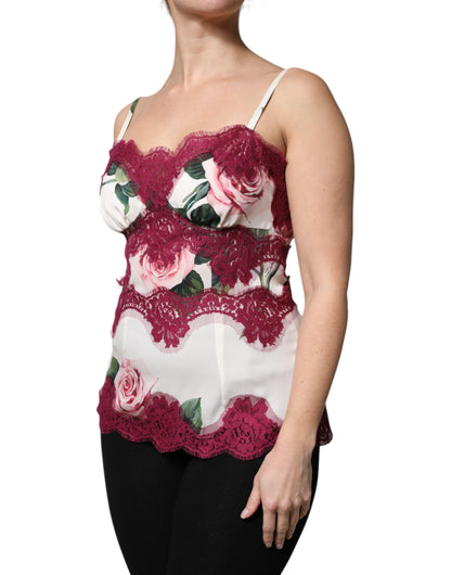 Dolce &amp; Gabbana White Rose Print Satin Lace Tank Top Lingerie