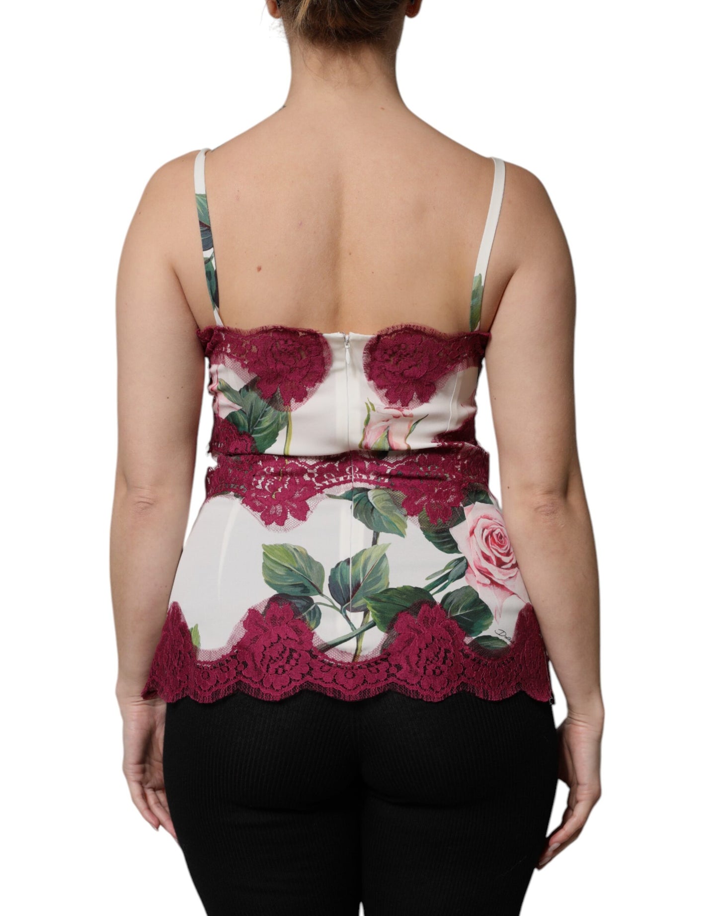 Dolce &amp; Gabbana White Rose Print Satin Lace Tank Top Lingerie
