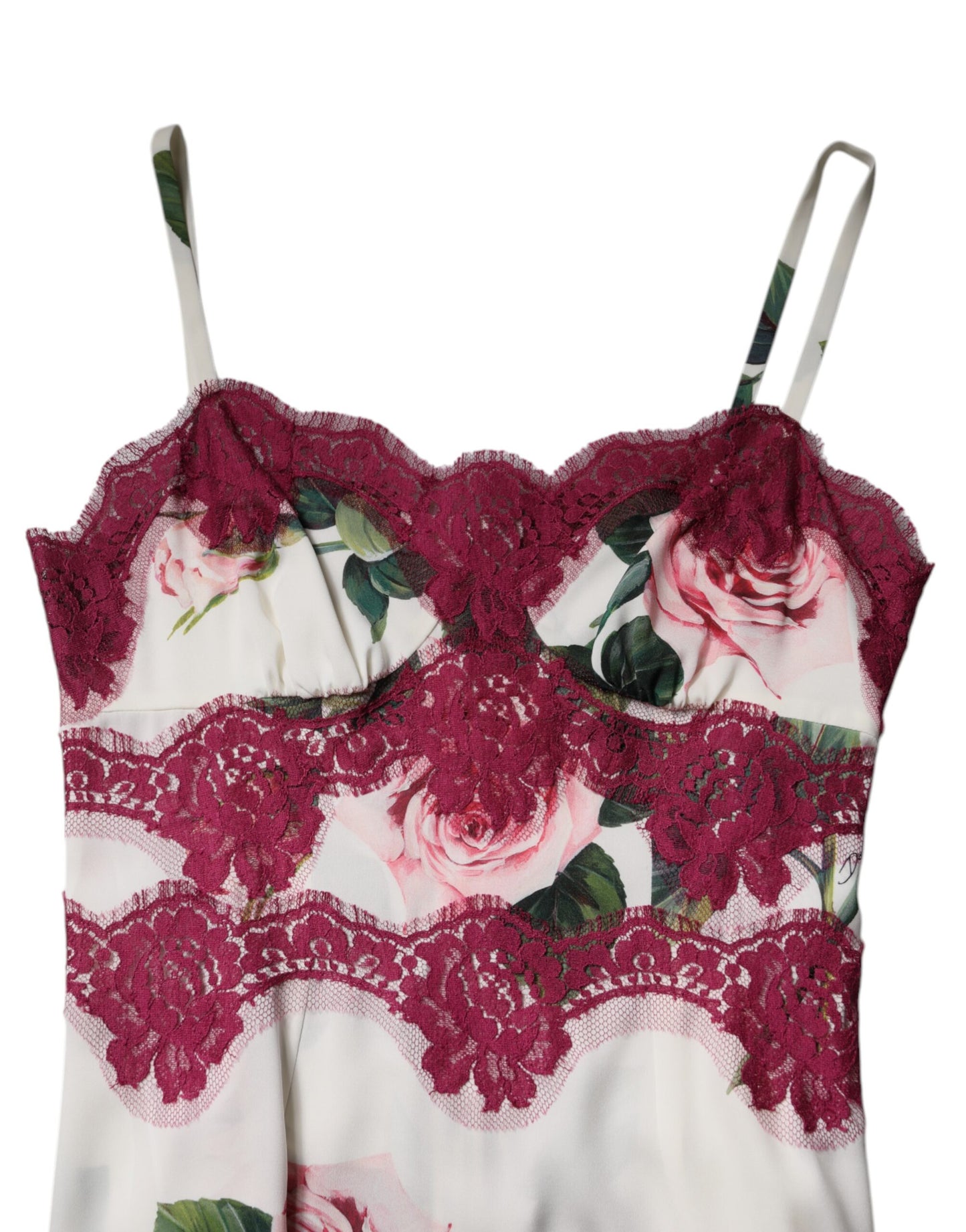 Dolce &amp; Gabbana White Rose Print Satin Lace Tank Top Lingerie