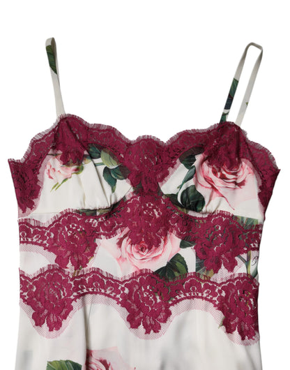 Dolce &amp; Gabbana White Rose Print Satin Lace Tank Top Lingerie