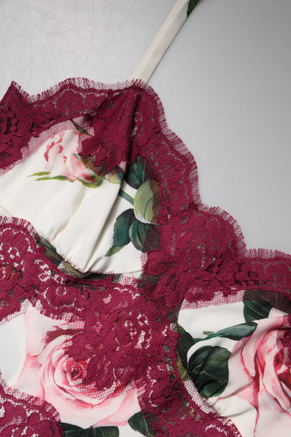 Dolce &amp; Gabbana White Rose Print Satin Lace Tank Top Lingerie