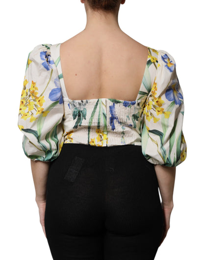 Dolce &amp; Gabbana White Floral Puff Sleeves Crop Blouse Top