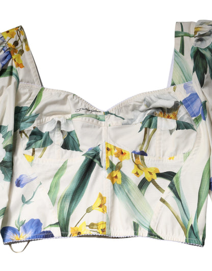 Dolce &amp; Gabbana White Floral Puff Sleeves Crop Blouse Top