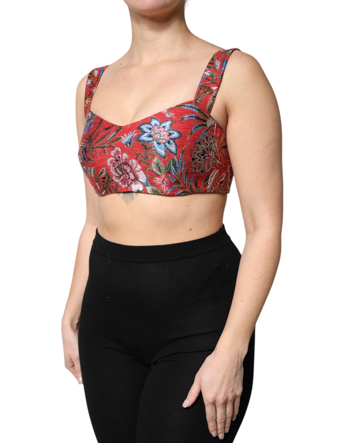 Dolce &amp; Gabbana Red Floral Brocade Cropped Bustier Corset Top
