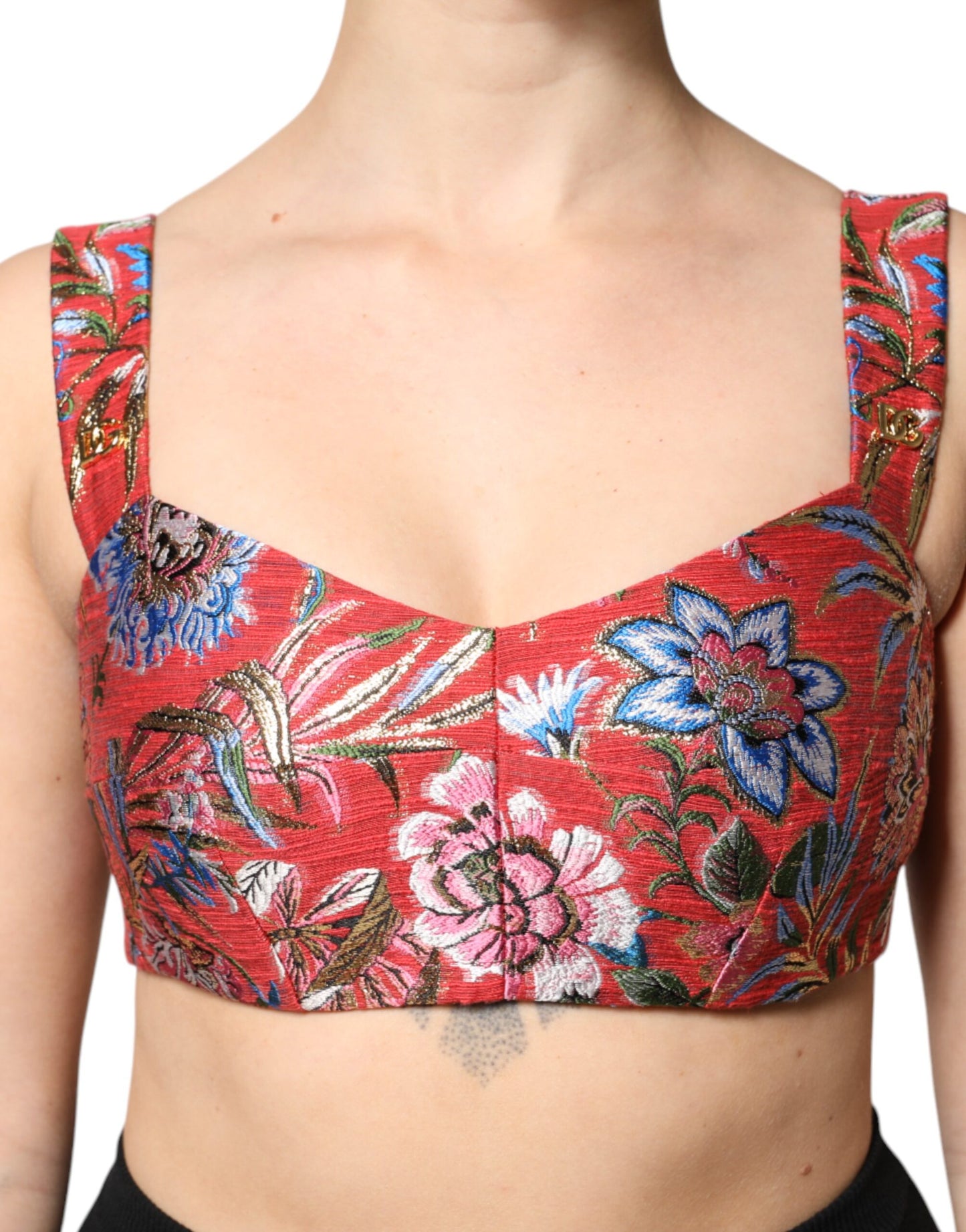 Dolce &amp; Gabbana Red Floral Brocade Cropped Bustier Corset Top
